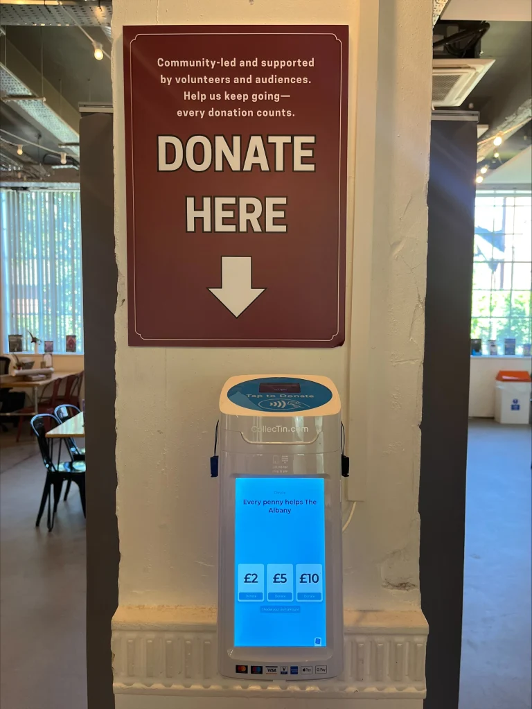 CollecTin contactless donation terminal in the foyer of The Albany Theatre in Coventry